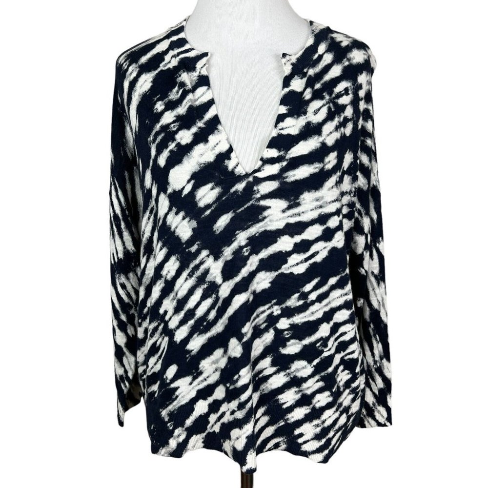 LOFT Sweater Womens Small Navy Tie Dye Split Neck Drop Shoulder Cotton Top New - Picture 2 of 9